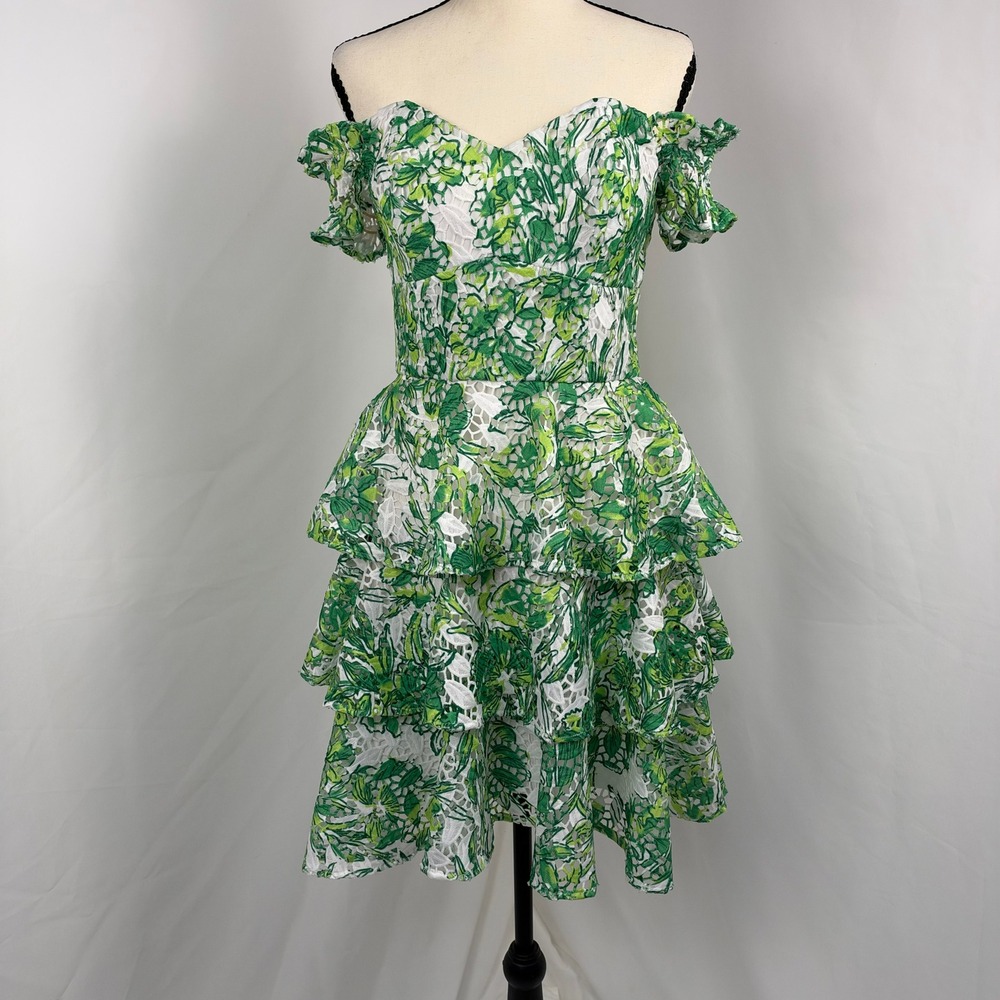 Lilly Pulitzer Cicely Mini Dress Womens 2 Green Lace Tiered Off-the-Shoulder